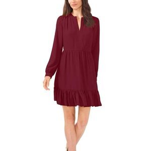 Vince Camuto Long Sleeve Split Neck Tiered Babydoll Dress in Crisp Merlot Sz XXL
